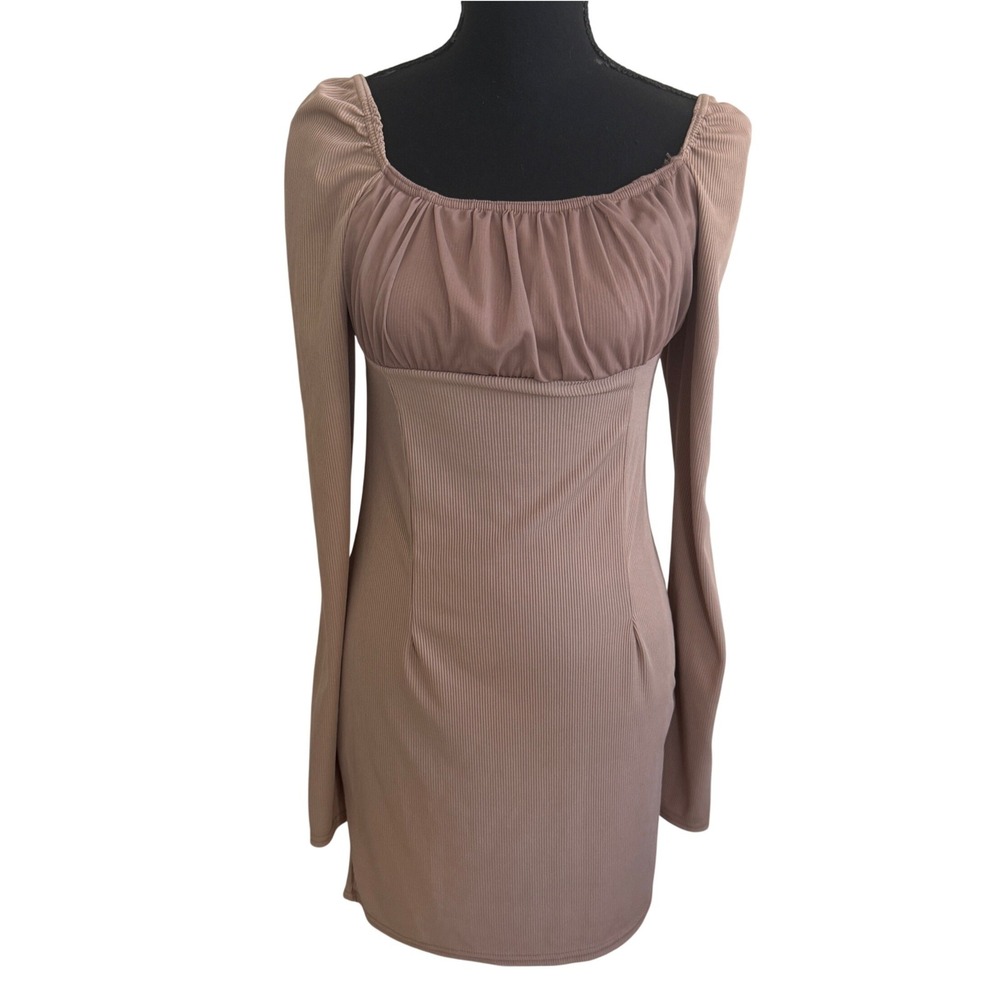 PrettyLittleThing Ribbed Babydoll Long Sleeve Bodycon Mini Dress 10 Coquette Y2K